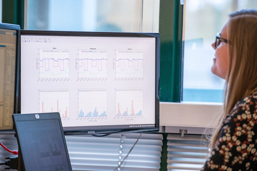 Woman looking at multi-asset data on computer monitor